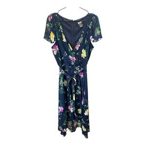 DKNY Women Navy Floral‎ Airy Flowy Sleeve Asymmetrical Faux Wrap Dress Size 12